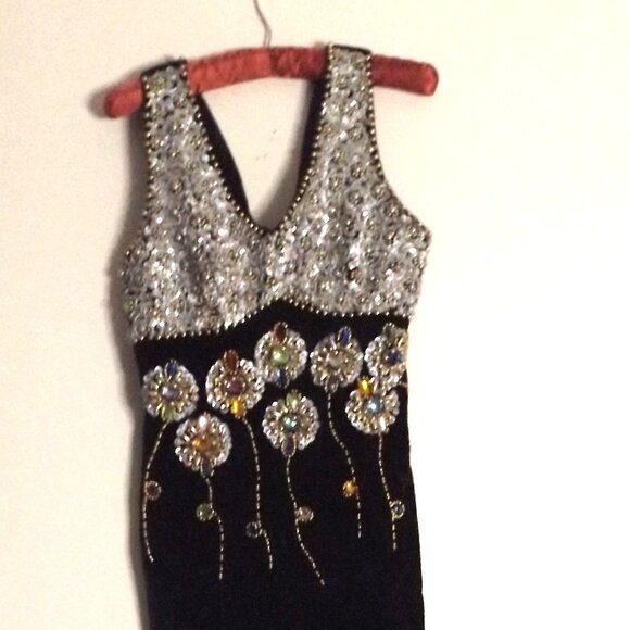 Embellished Black Velvet Gown w/ Floral Gemstones – Statement Dress (Small) - Picture 7 of 8